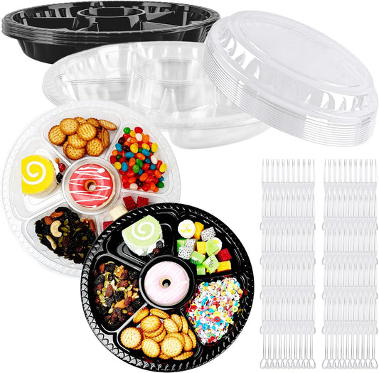 20 Pack Plastic Appetizer Trays with Lid Disposable Serving Platters with 100 Forks 6 Divided Round Plastic Tray for Veggie Fruit Snack Party and Buffet Catering Trays, 10 Inch, 2 Colors