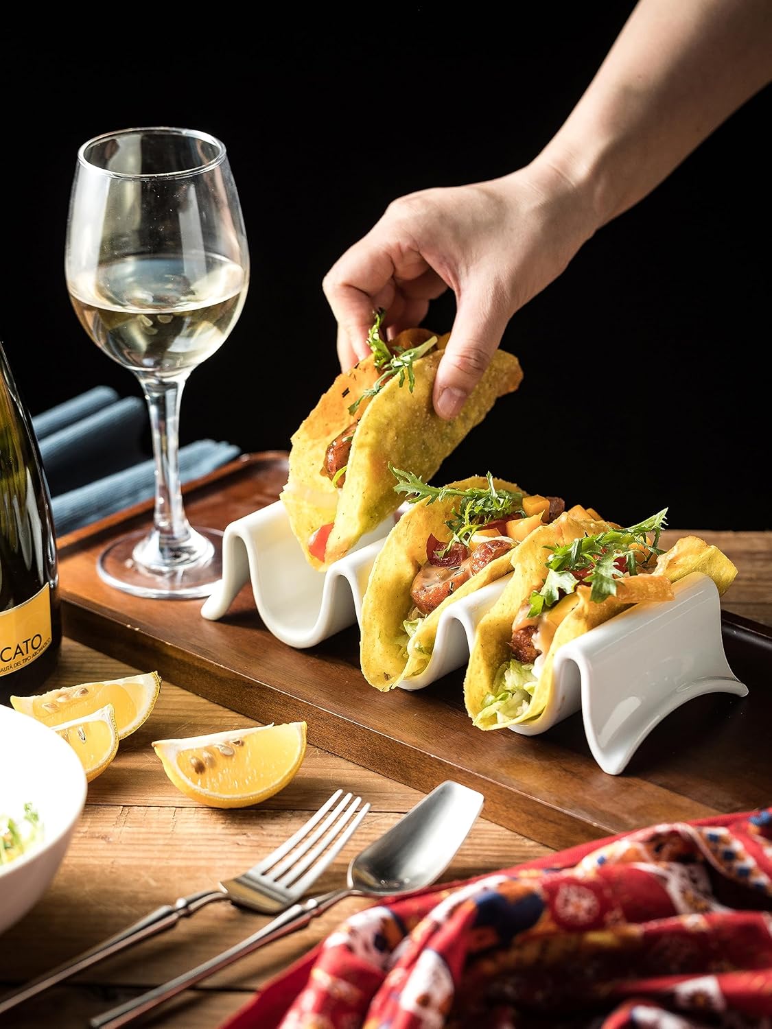 Taco Holders Set of 2, Porcelain Large Taco Tray with Handles, Reusable and Stackable Taco Plates, Perfect for Burritos and Tortillas Holder Handles, Oven & Microwave Safe