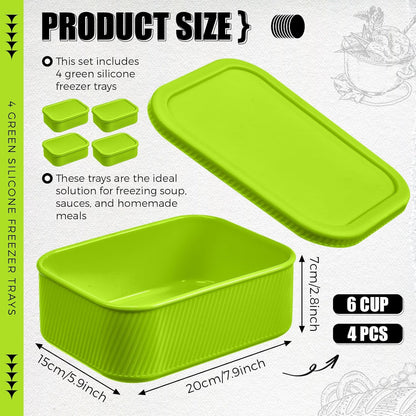 Nuogo 4 Pcs 6 Cup Silicone Freezer Trays with Lid Soup Containers Reusable Freezer Silicone Molds Rectangle Containers Ice Trays for Soups Sauces Stews Curries, Yellow