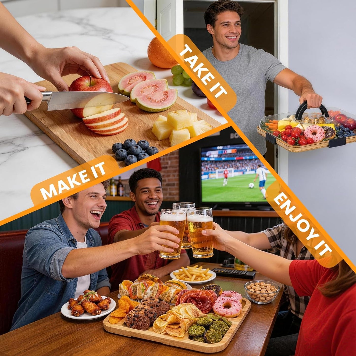 Charcuterie Board with Clear Lid, Portable 6-Compartment Cheese & Snack Tray, Reversible Bamboo Cutting Board, Secure Latch Closure for Picnics, Parties & Light Travel, Housewarming Gift