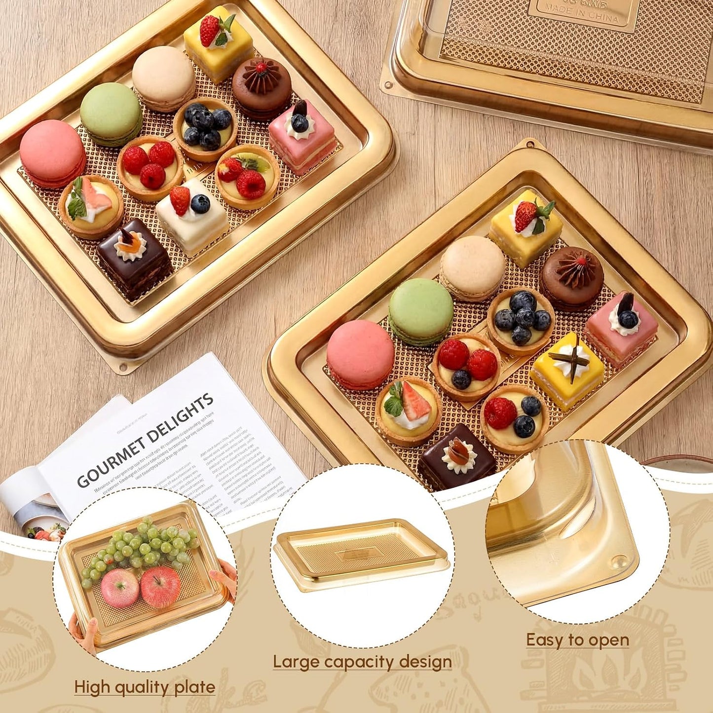 Tessco 12 Pcs Plastic Serving Trays with Lids Disposable Catering Trays 12.4 x 9.45 x 2.76 Inch Reusable Plastic Party Platters Charcuterie Board Box with Lids for Cookie Sandwich Christmas(Black)