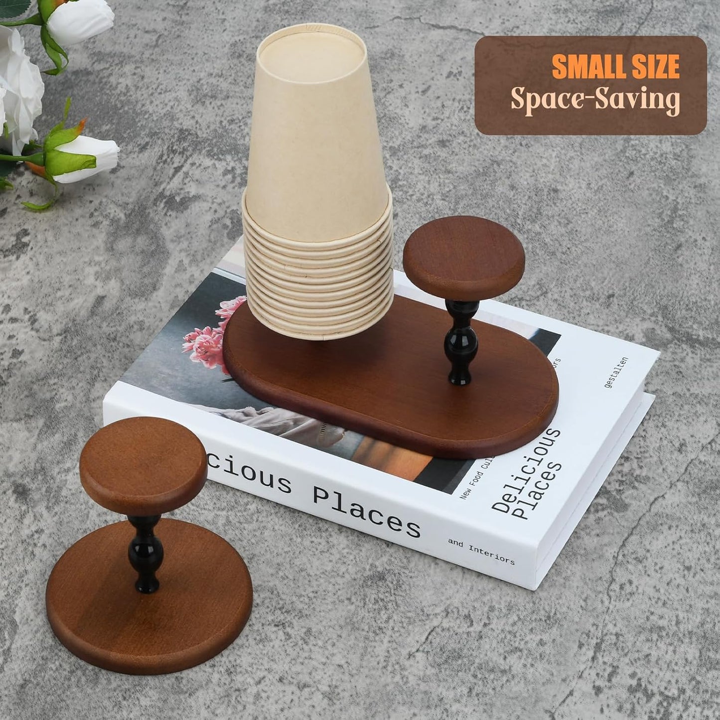 Paper Cup Dispenser and Lid Organizer, Double Compartment Storage Holder for 8oz Coffee Cups, Bathroom, Coffee Station (Brown 2)