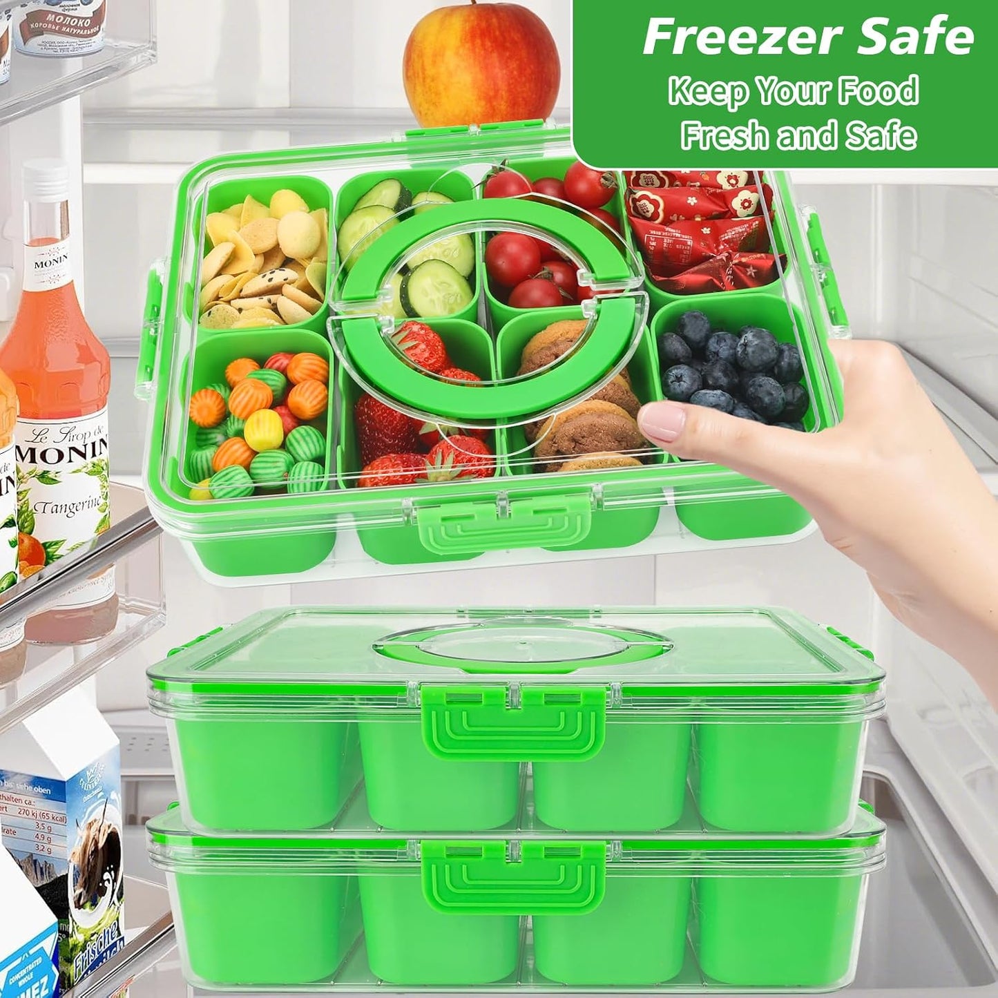 shopwithgreen 2Pcs Divided Serving Tray with Lid and Handle, Portable Snackle Box Snack Containers for Charcuterie, Party, Veggies, Snack, Fruit, Nuts, Candy, Chip, Entertaining, Picnic