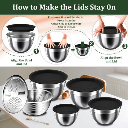 Mixing Bowls with Lids Set, 16PCS Stainless Steel Mixing Bowls,Nesting Storage Bowls for Kitchen with Mixing Bowls Set, Colander, Strainer & Grater , Metal Salad Bowl for Kitchen Gadgets , Cream