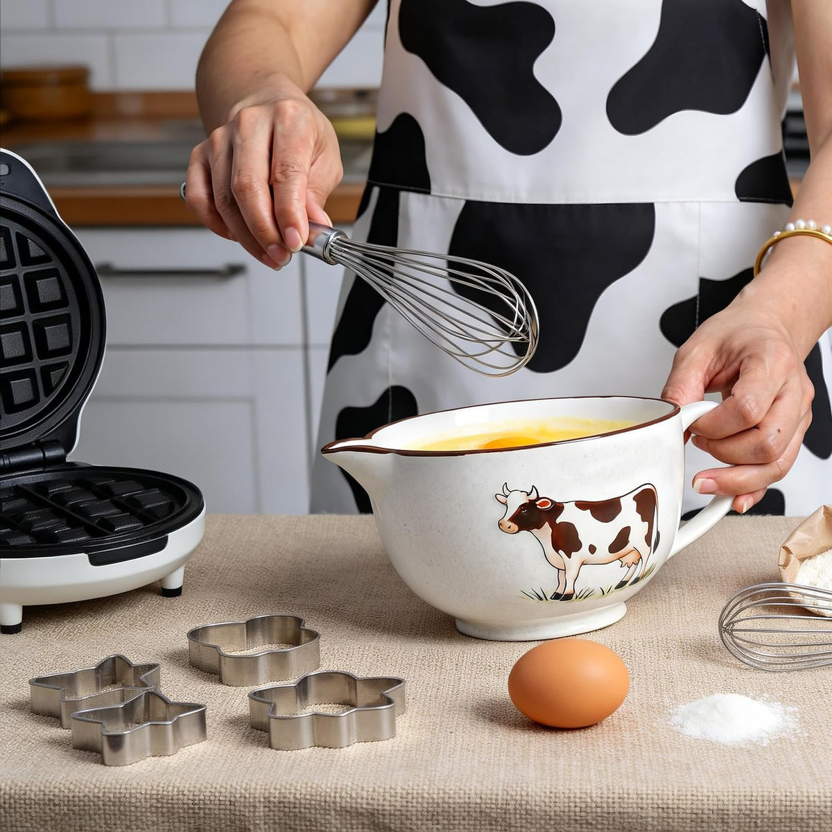 Gaolinci Cow Embossed Ceramic Mixing Bowl, 1 Quart Batter Bowl, with Pouring Spout and Handle