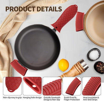 Cast Iron Skillet Handle Covers - 3 Pack Assist Pan Handle Sleeve Pot Holders, Heat Resistant Pot Handle Covers, Non-Slip Silicone Cast Iron Handle Grip for Cast Iron Skillet Metal Pan (Red)