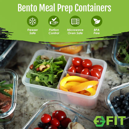 FIT Strong & Healthy 2 & 3 Compartment Glass Meal Prep Containers Glass Bento Box (4 Pack, 32 oz) & Bento Box Meal Prep Containers with Lids, Microwave, Freezer, Dishwasher Safe (3 Pack, 39 oz) Bundle