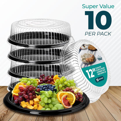 12" Catering Trays With Lids [3 Pack] - Black Serving Tray, Clear Lid, Plastic Disposable Round Party Platters, Flan Containers, Dessert Sandwich Cookie Food Trays for Parties