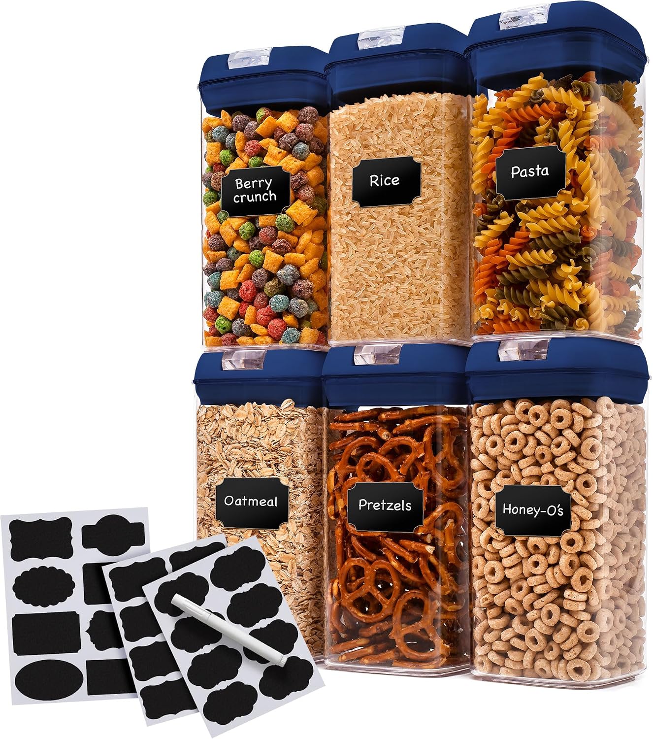 Set of 6 Airtight Food Storage Containers - Pantry Organizer Bins, BPA Free Plastic Containers plus Dry Erase Marker and Labels, Pink
