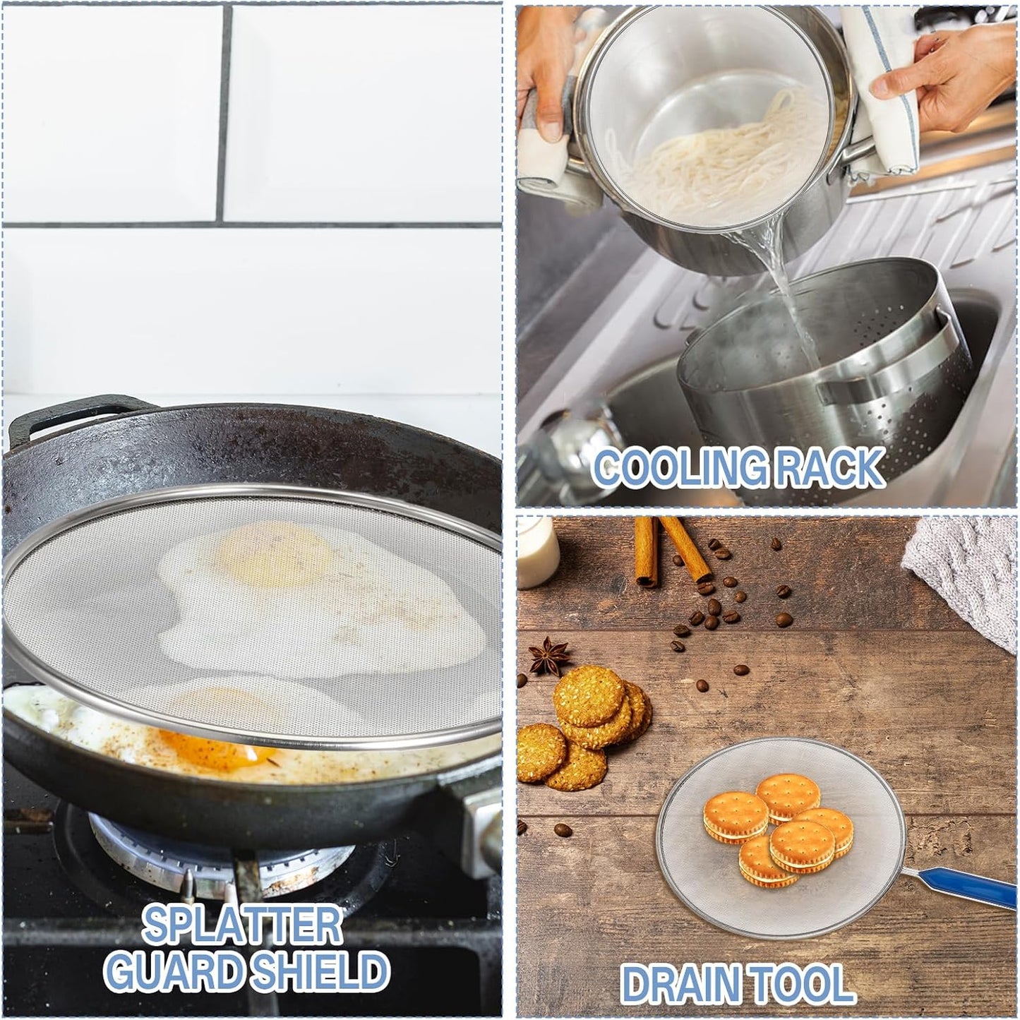 Splash Guard for Frying Pan, 8 Inch Stainless Steel Oil Splatter Screen for Frying Pans with Nylon Brush Fine Mesh Spatter Shield Frying with Pan Cooking Supplies Shield from Splashing Oil