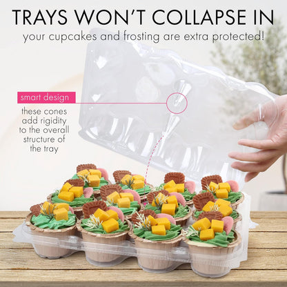 LotFancy (12 Count x 12 Sets) Cupcake Containers with 144 Liners, Thick Plastic Cupcake Boxes Holders, BPA Free, Disposable Cupcake Carrier with Detachable Tall Dome Lid
