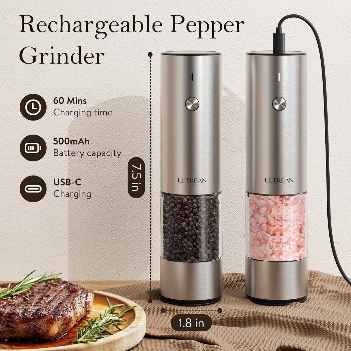 Ultrean Electric Salt and Pepper Grinder Set, Rechargeable,Matte Black
