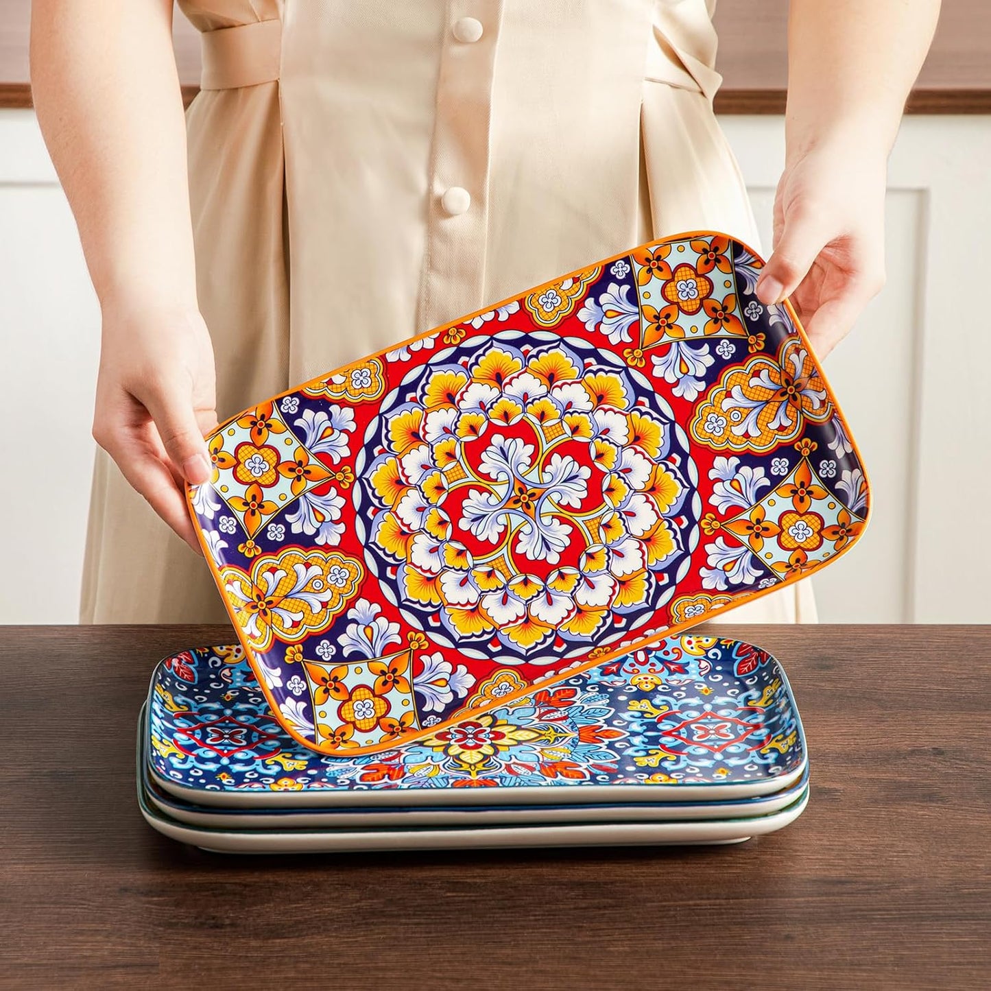 vancasso Serving Platters Set of 3, 16"/14"/12" Inch Rectangular Trays - Serving Platter Extra Large, Ceramic Bohemian Serving Dish for Entertaining Food, Microwave & Dishwasher Safe, Colorful