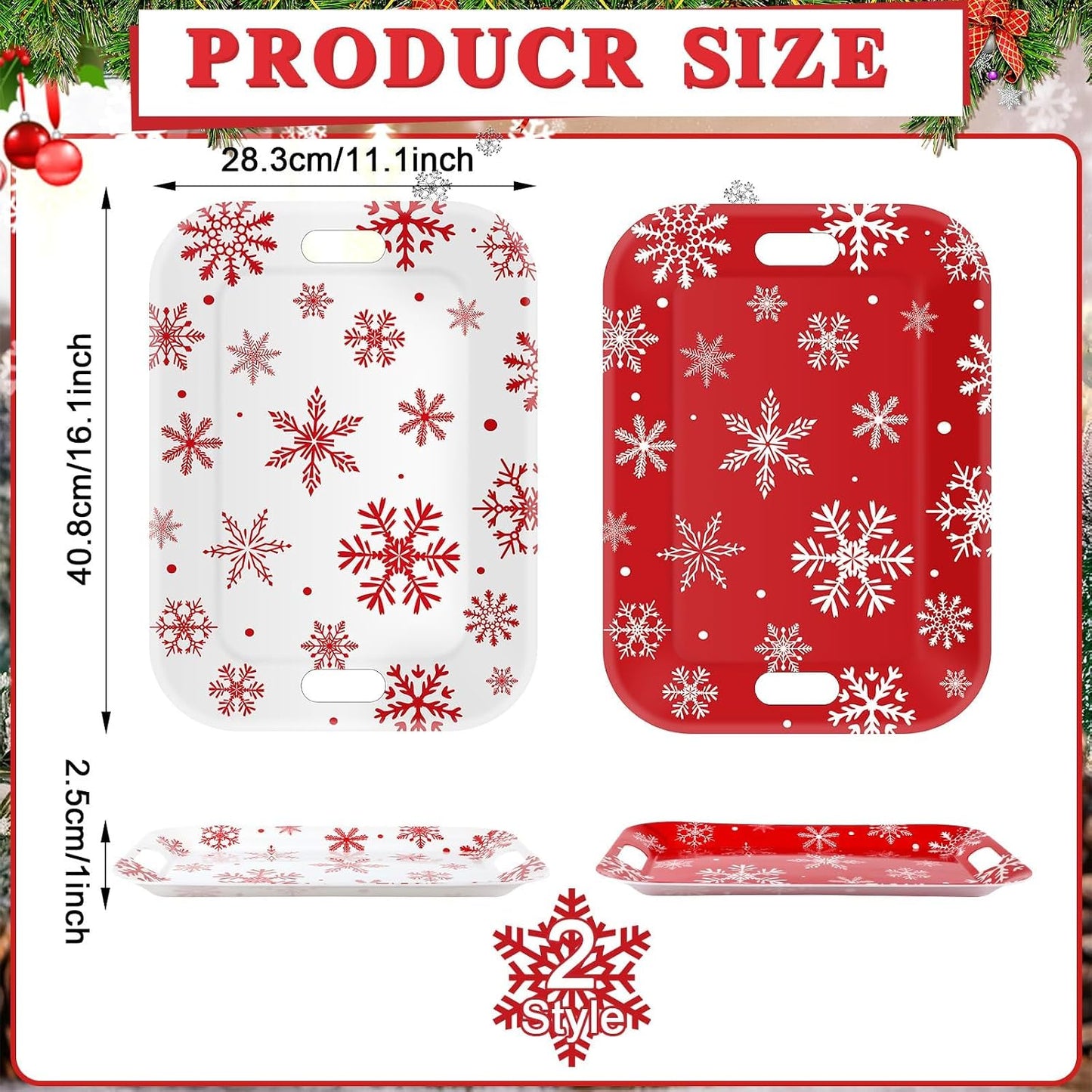 2Pcs Winter Serving Trays 16.1 x 11.1 Inch Large Melamine Christmas Trays Platters with Handles Rectangular Snowflake Melamine Dish for Serving Food Outdoor Dinner Dessert Plates Party Decorations