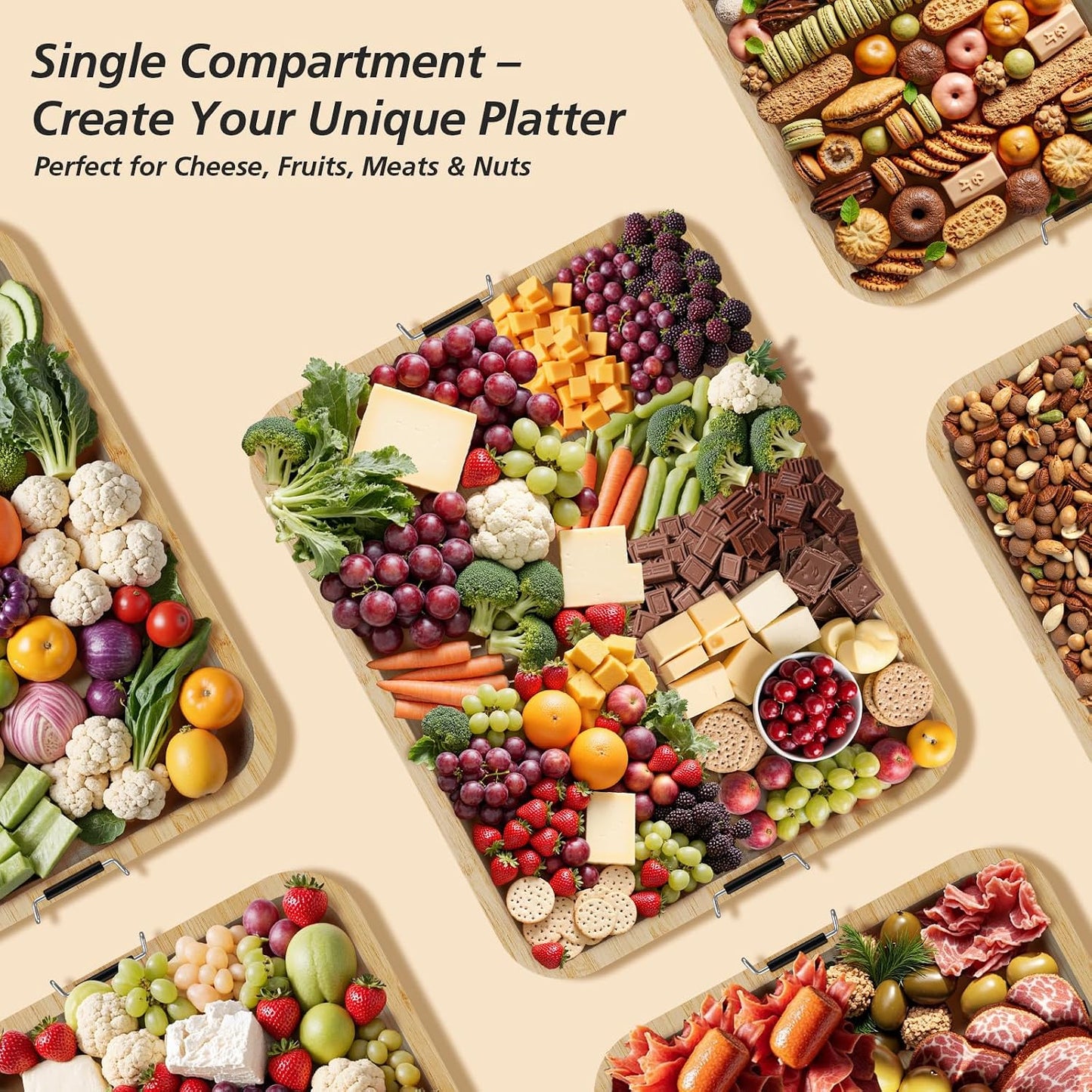 Charcuterie Boards with Foldable Lid, Portable Bamboo Cheese Board with Single Compartments, Clear Locking Lid and Handle, Easy to Store, Suitable for Picnics, Camping, Parties