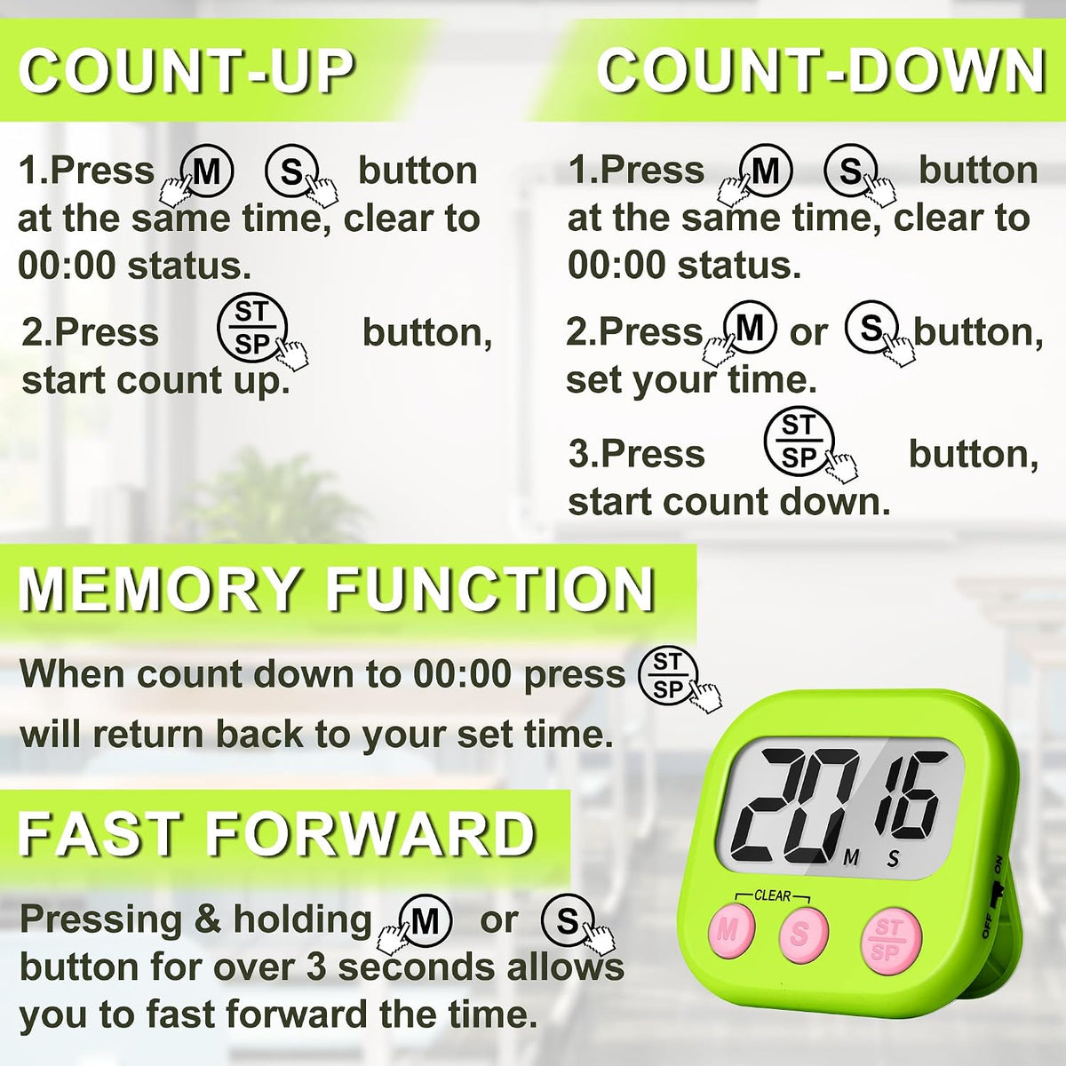 ZILLEEN Classroom Timer for Kids Teachers Digital Timers Blue Green