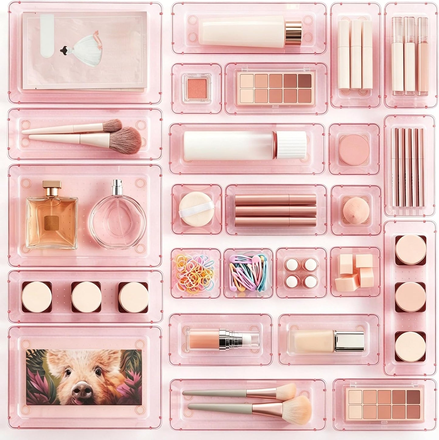 Vtopmart 25 PCS Clear Plastic Drawer Organizers Set, 4-Size Versatile Bathroom and Vanity Drawer Organizer Trays, Storage Bins for Makeup, Bedroom, Kitchen Gadgets Utensils and Office