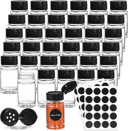 Tosnail 36 Pack 2.7 Oz Small Plastic Spice Bottles with Black Shaker Lids and Labels, Empty Plastic Jars with Lids, Seasoning Shaker Containers for Travel, Camping, Glitter, Gift, Party Favors - Clear