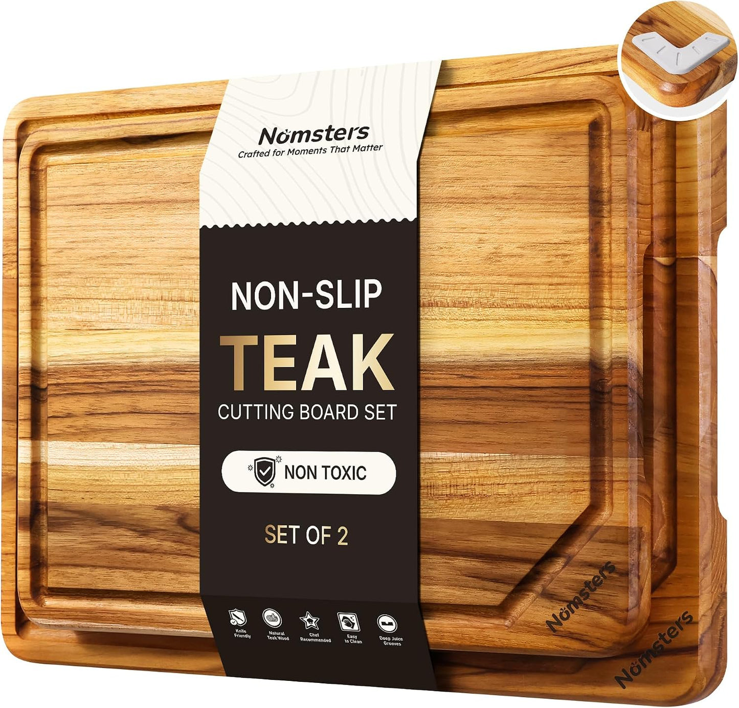 3 Pack Teak Wood Cutting Board Set with Holder Non Slip Over Sink Wooden Chopping Board for Fresh Meat Vegetable Thick Haus Perfect for Charcuterie Juice Groove Kitchen Accessories - FSC Certified