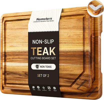 3 Pack Teak Wood Cutting Board Set with Holder Non Slip Over Sink Wooden Chopping Board for Fresh Meat Vegetable Thick Haus Perfect for Charcuterie Juice Groove Kitchen Accessories - FSC Certified