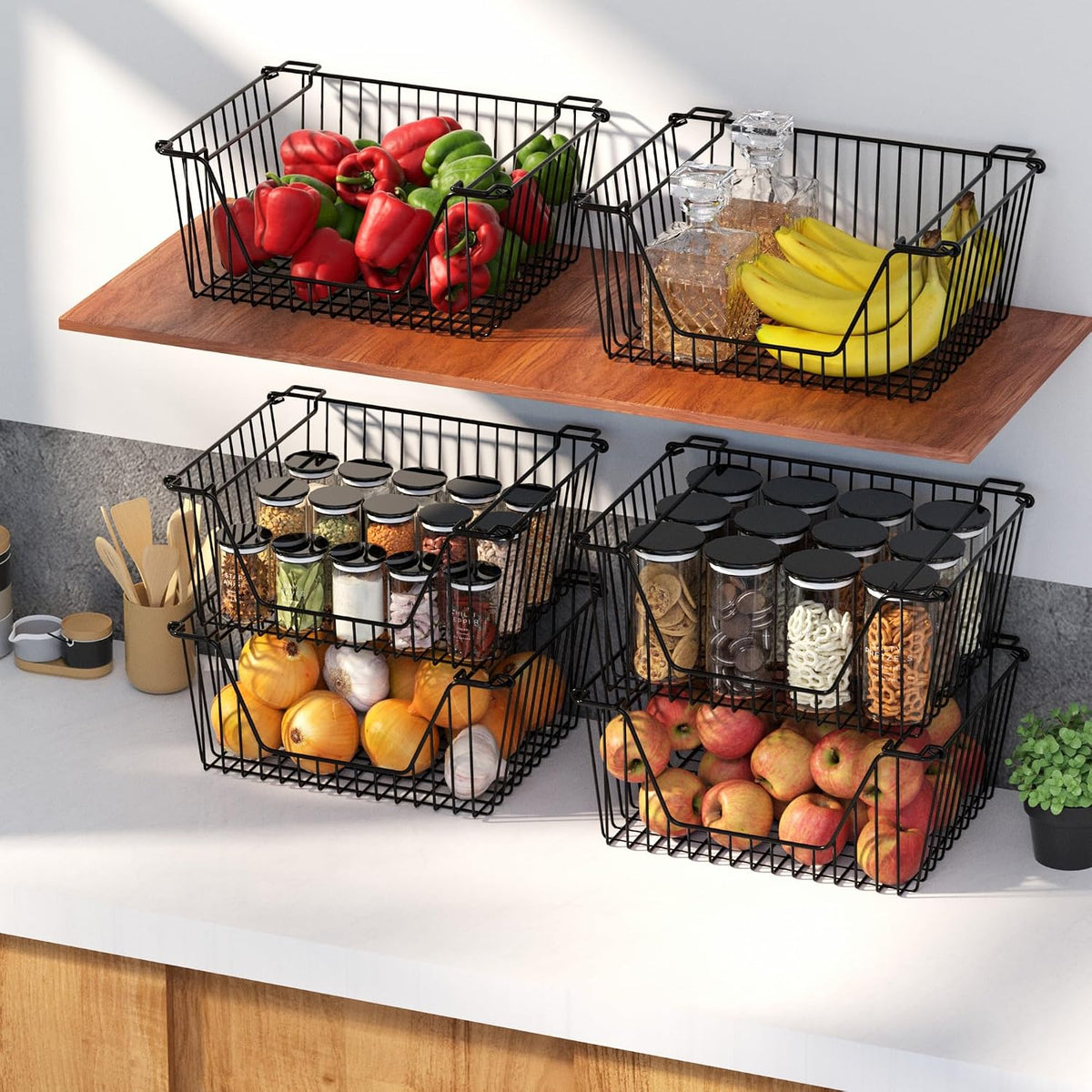 Stackable Wire Metal Baskets Sturdy Cabinet Organizer Wire Pantry Freezer Bin with Handle for Kitchen Fruit Vegetable Organization, Black, 3Packs