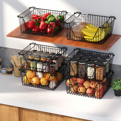 Stackable Wire Metal Baskets Sturdy Cabinet Organizer Wire Pantry Freezer Bin with Handle for Kitchen Fruit Vegetable Organization, Black, 3Packs