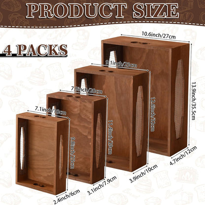 Novabright 4 Pcs Wooden Nesting Countertop Baskets 4 Size Wooden Storage Box with Handle and Metal Wire Multipurpose Wood Organizer Crate for Fruit Vegetable Kitchen Cabinet Bathroom, brown