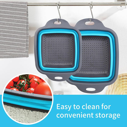 2 PCS Collapsible Colander, Collapsible Strainers for Kitchen, 11.5 inch Silicone Strainer and 9.5 inch Silicone Colander for Draining Vegetable fruit, Kitchen Food Strainer, Blue (Green)