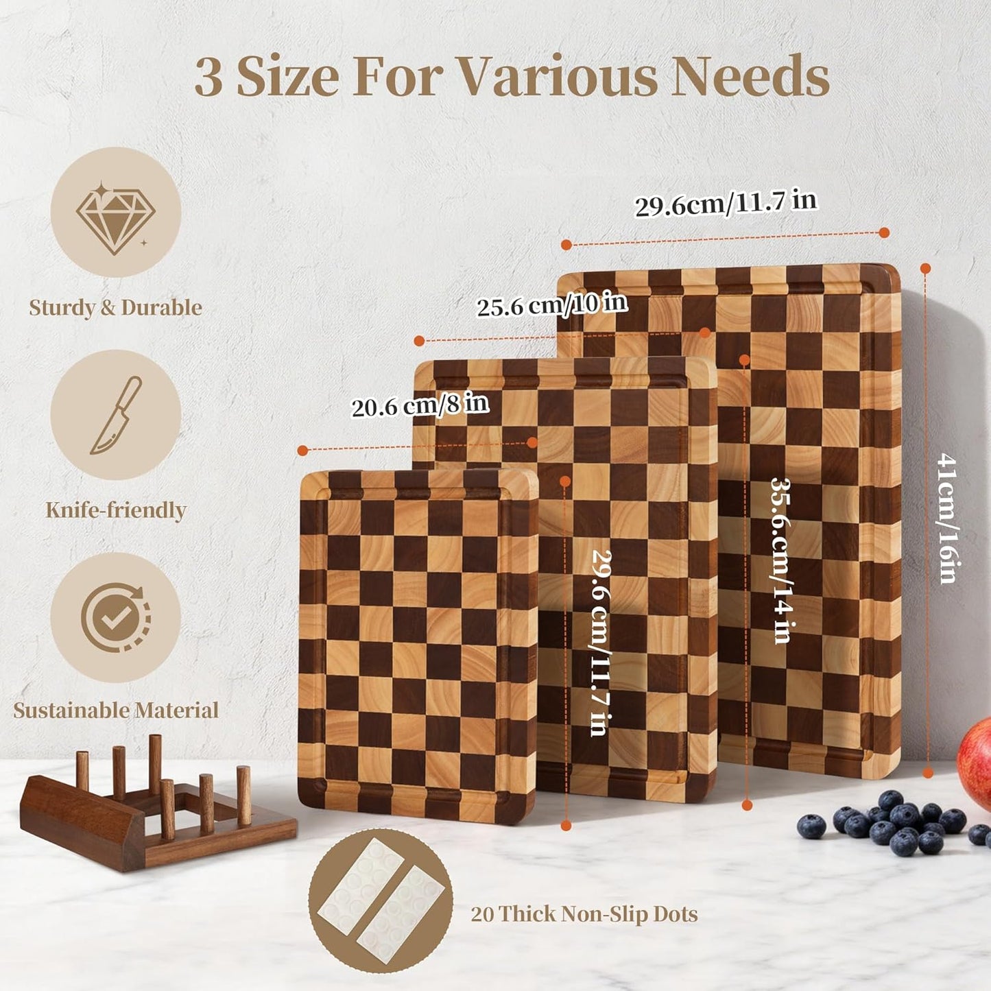 Checkered Cutting Board Set for Kitchen - 3 PCS Solid Wood End Grain Checkerboard Chopping Board with Holder & Juice Groove, Wooden Cutting Boards for Meat, Vegetables, Fruits (S, M, L)