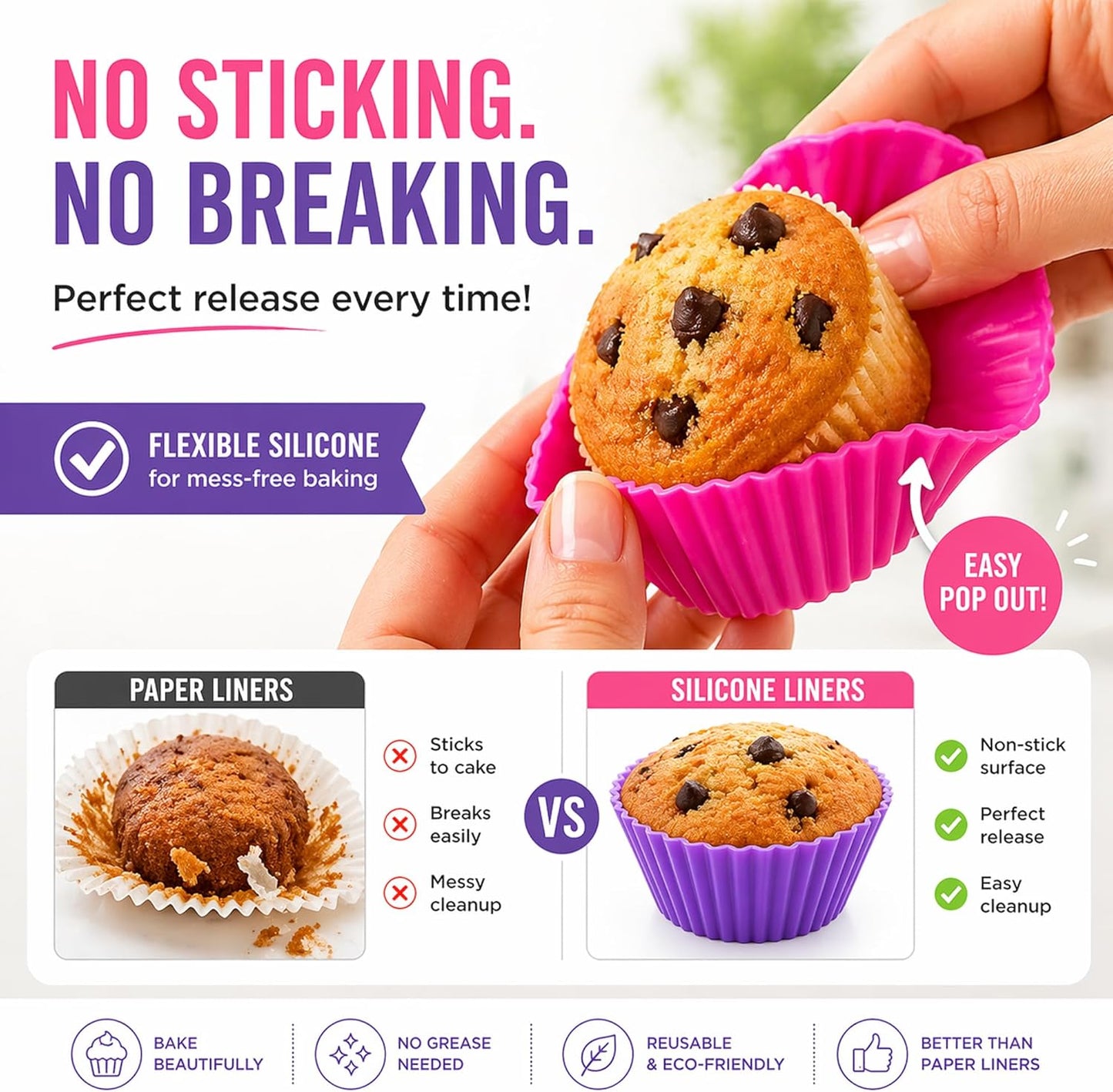 Cupcake Liners - Reusable Silicone Cupcake Baking Cups - Non-Stick Baking Muffins Mold - Use As Lunch Box Dividers - Set of 12 Kitchen Accessories - Great Gift Idea