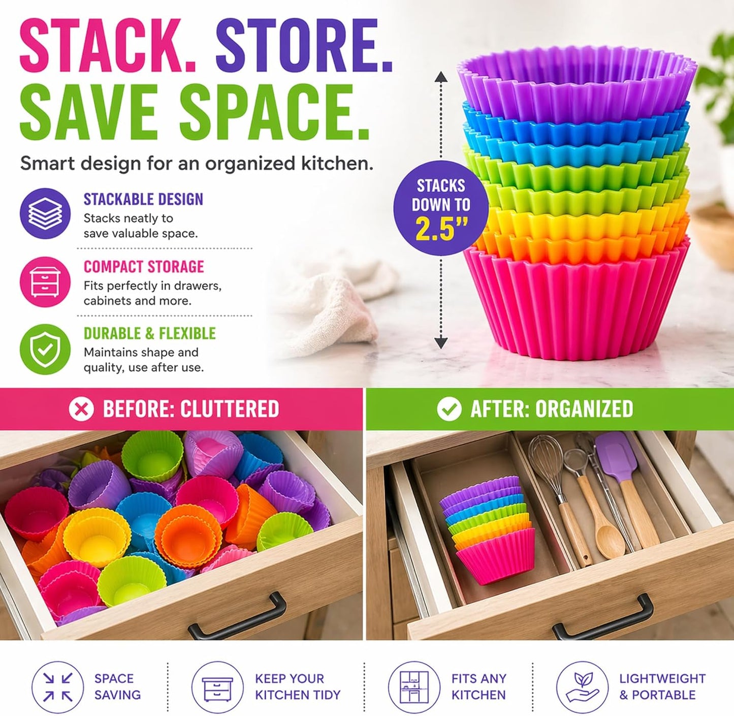 Cupcake Liners - Reusable Silicone Cupcake Baking Cups - Non-Stick Baking Muffins Mold - Use As Lunch Box Dividers - Set of 12 Kitchen Accessories - Great Gift Idea