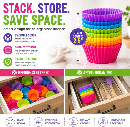 Cupcake Liners - Reusable Silicone Cupcake Baking Cups - Non-Stick Baking Muffins Mold - Use As Lunch Box Dividers - Set of 12 Kitchen Accessories - Great Gift Idea