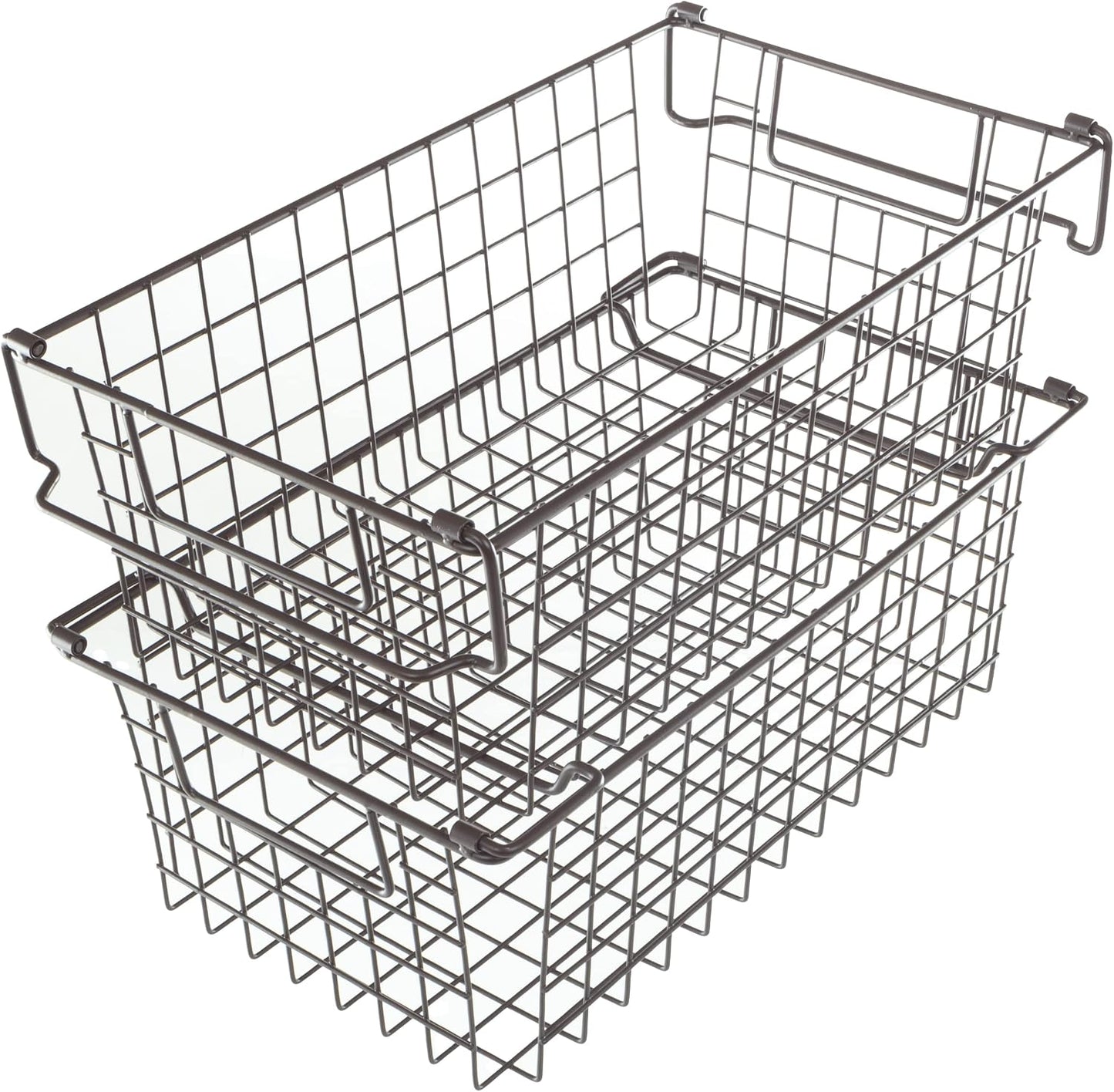 Home-Complete 2 pcs Medium Stackable Wire Baskets, 16"x12" Organizer Stacking Storage Bins for Shelf, Pantry, Kitchen, Cabinets, can also be used in Chest Freezers (Brown)