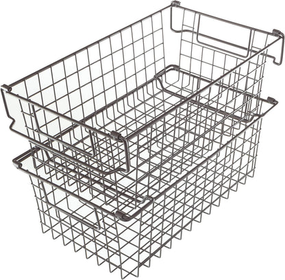 Home-Complete 2 pcs Medium Stackable Wire Baskets, 16"x12" Organizer Stacking Storage Bins for Shelf, Pantry, Kitchen, Cabinets, can also be used in Chest Freezers (Brown)