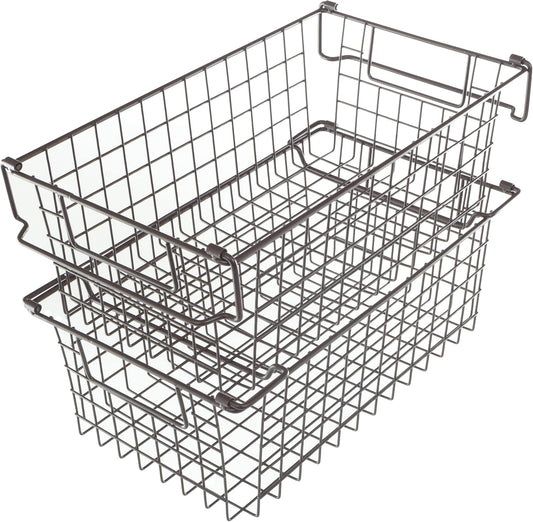 Home-Complete 2 pcs Medium Stackable Wire Baskets, 16"x12" Organizer Stacking Storage Bins for Shelf, Pantry, Kitchen, Cabinets, can also be used in Chest Freezers (Brown)