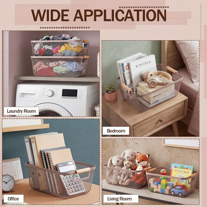 Mumufy 3 Pcs Metal Mesh Basket with Wooden Handles Wire Steel Organizer Bins Pantry Organizers Kitchen Baskets for Closet Cabinet Bathroom Fridge Food Snacks Organization (Warm Tapue,3 Sizes)