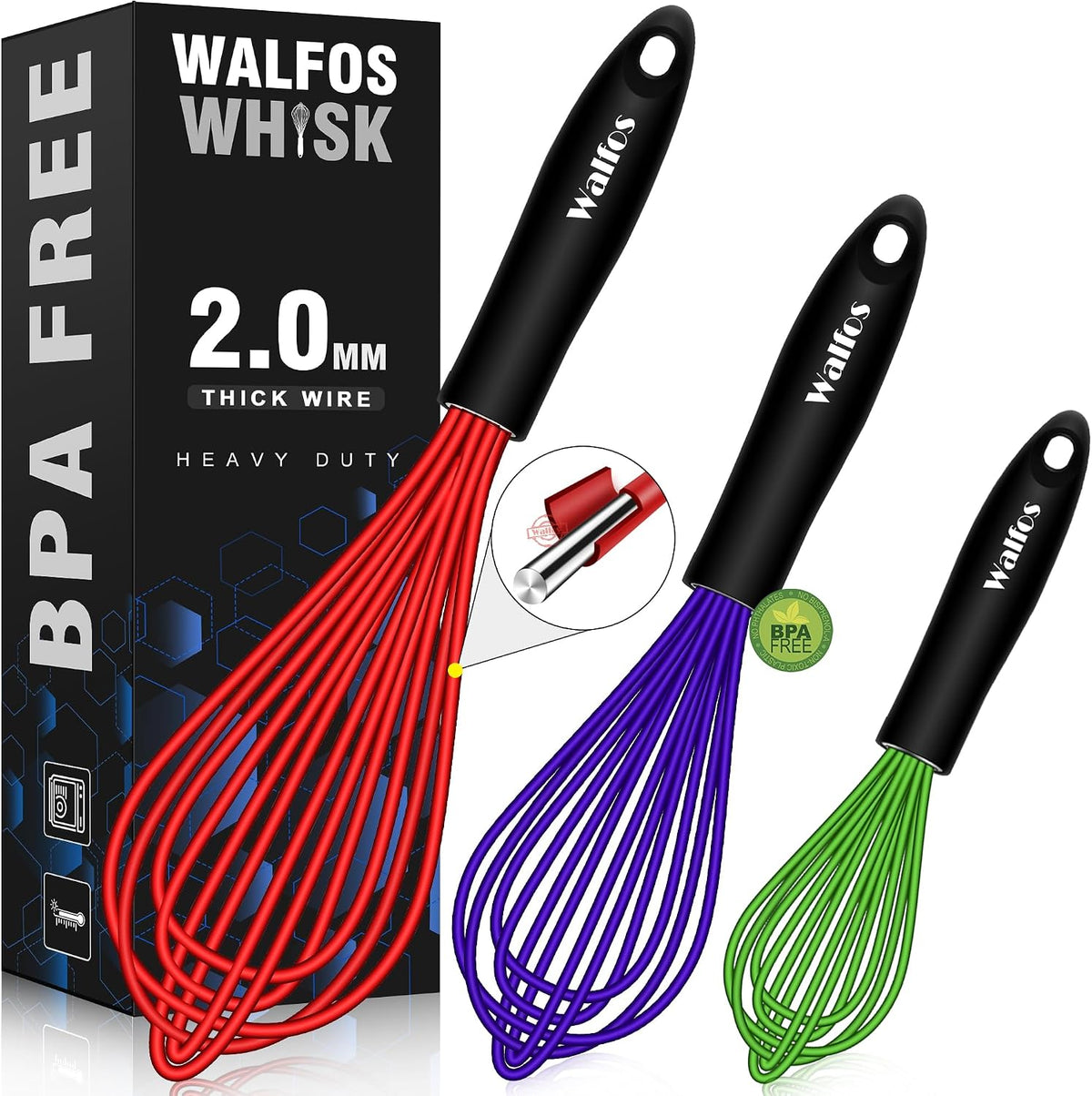 Walfos Silicone whisk,Whisks for Cooking Non Scratch, BPA Free whisk set of 4, 7+9+11in Balloon Whisks & 11in Flat Whisk, Heat Resistant(480°F).Great for Cooking in Pans, Baking, Whisking.Blue