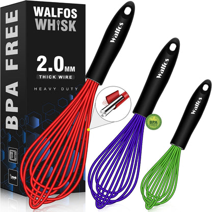 Walfos Silicone whisk,Whisks for Cooking Non Scratch, BPA Free whisk set of 4, 7+9+11in Balloon Whisks & 11in Flat Whisk, Heat Resistant(480°F).Great for Cooking in Pans, Baking, Whisking.Blue
