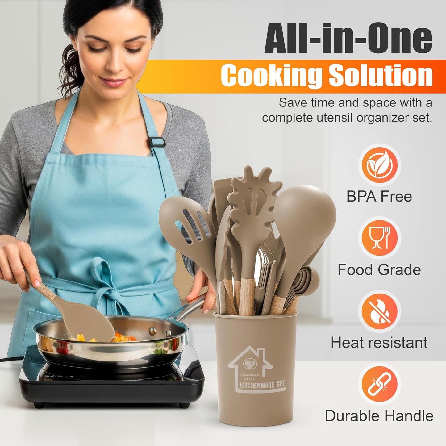 Berry & Cherry Kitchen Utensils Set Silicone 33 PCS – Nonstick Heat Resistant Cooking Tools with Wooden Handles & Holder, Spatula Set (Khaki)