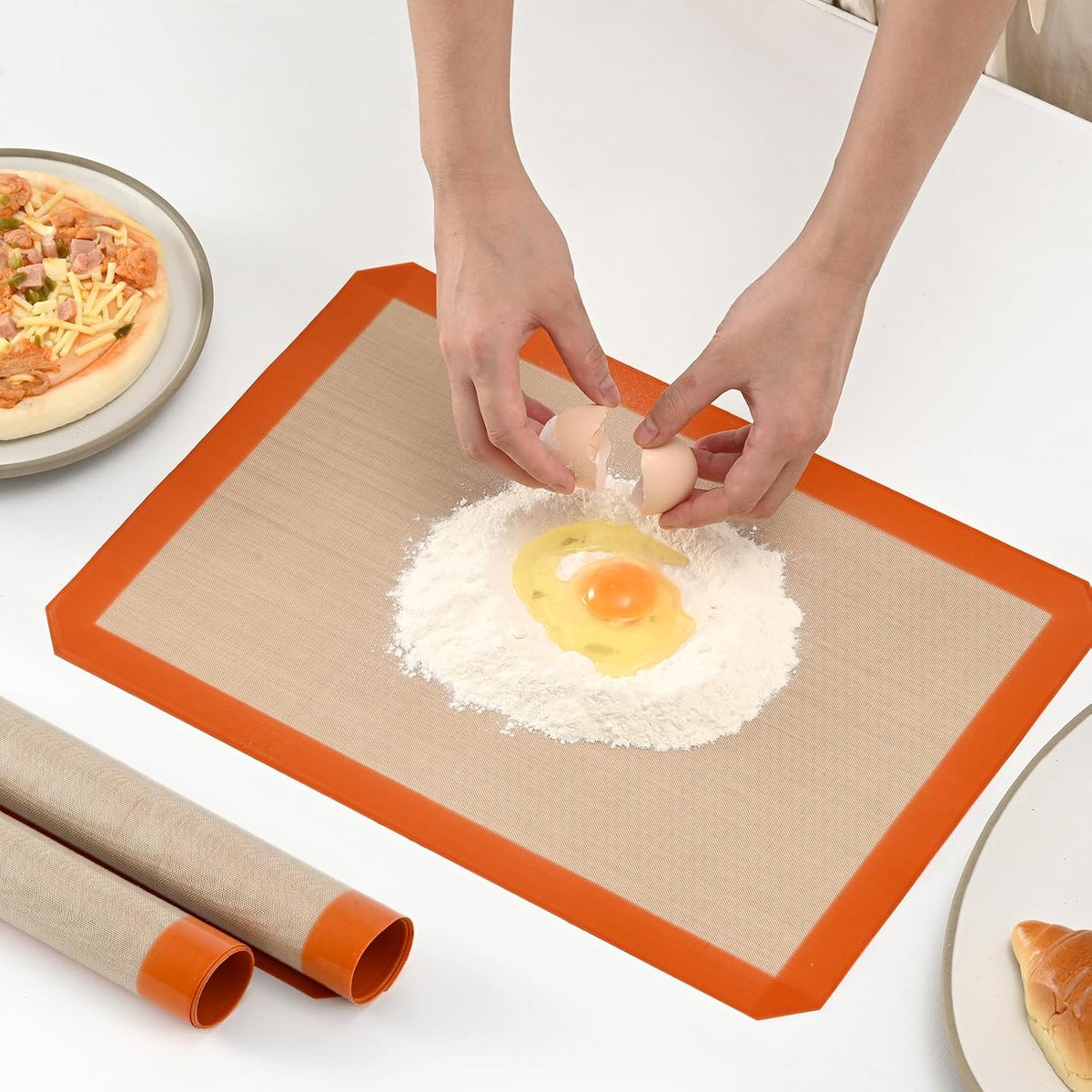Luckyiren 2 Pack Silicone Baking Mat Set, Nonstick Half Sheet, Orange/Beige