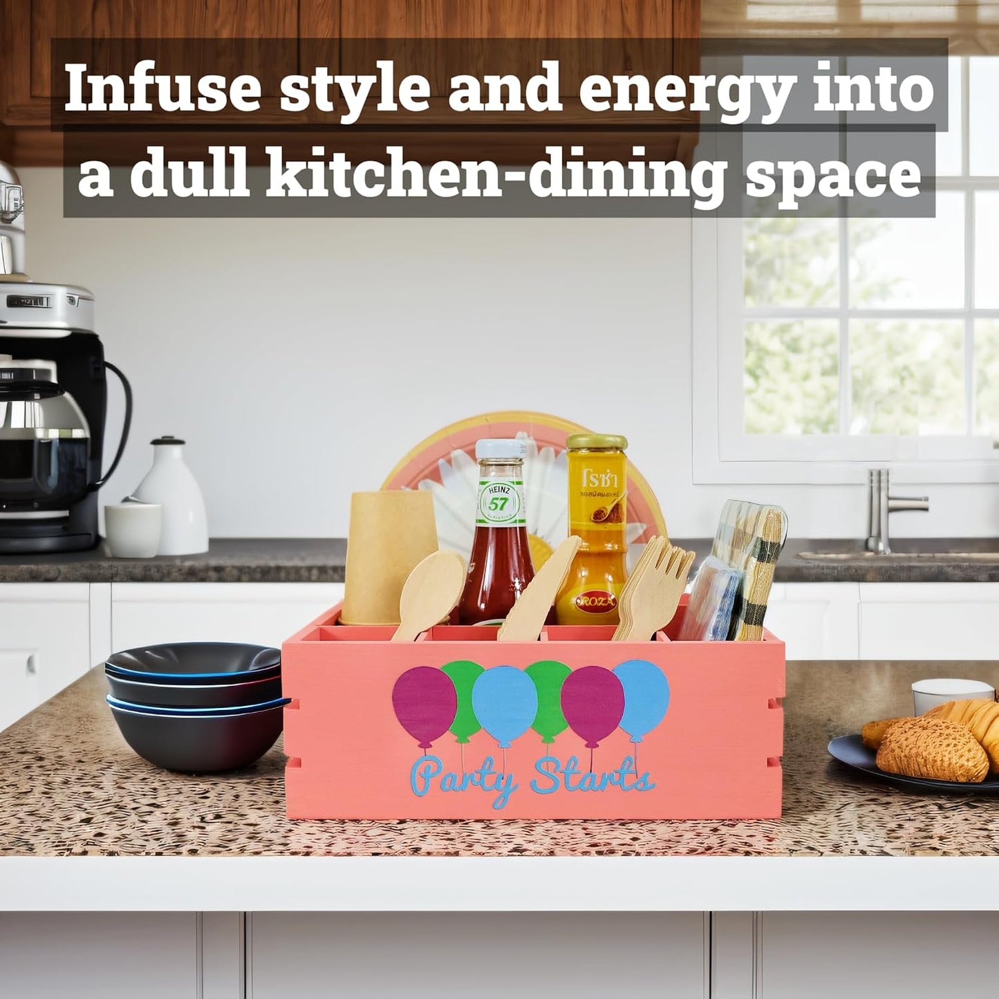 Utensil Holder for Party Farmhouse Crate Look - White Napkin Paper Plate Dispenser for Countertop - Silverware Caddy for Plate, Cup, Fork, Spoon - Flatware Box Organizer for Outdoor Camping Picnic