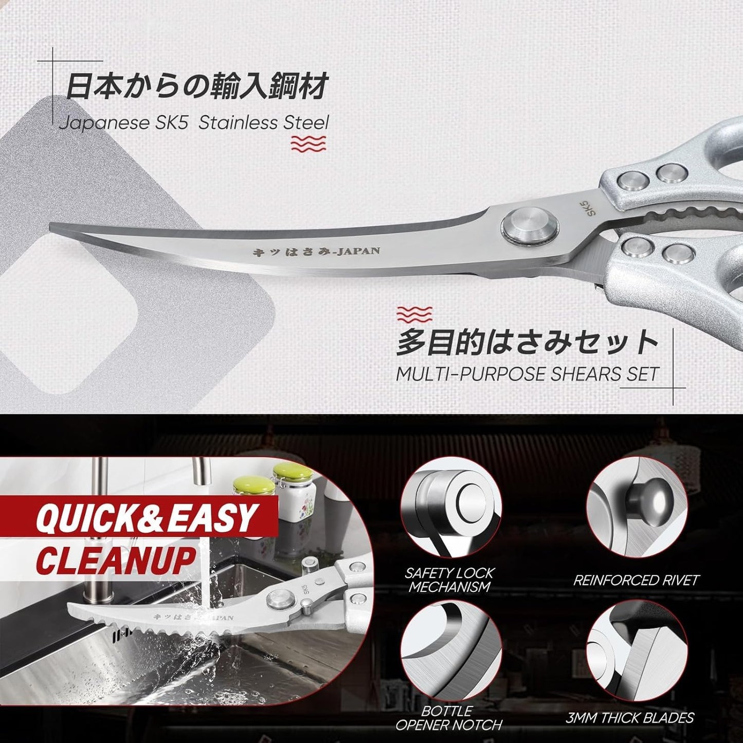 TIVOLI Kitchen Scissors Set Silver,Japanese Stainless Steel Kitchen Shears for Food, Heavy Duty Poultry Shears, Food Scissors for Meat,Chicken Bones and Turkey,Ideal Gift