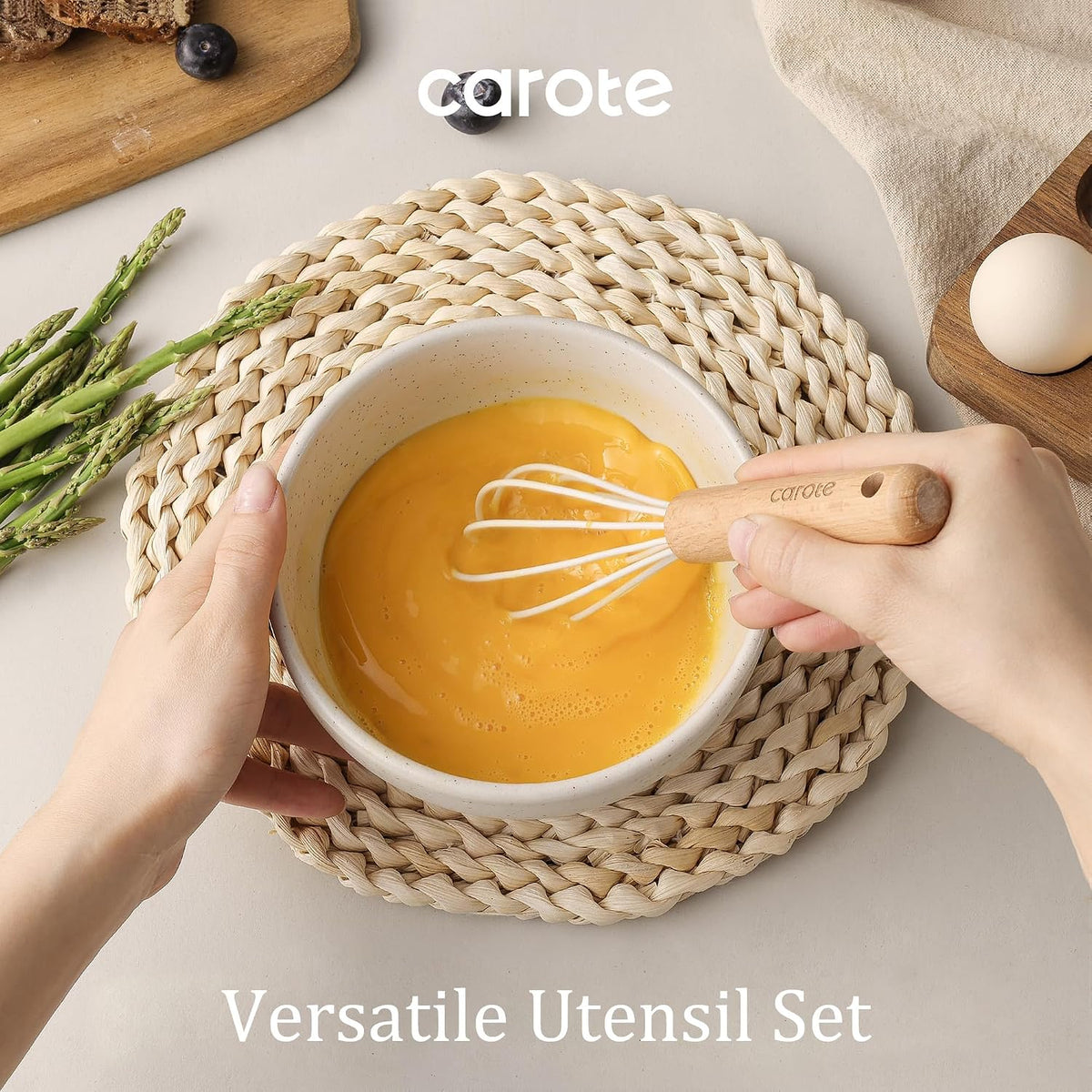 CAROTE Kitchen Utensils Set with Wood Cool-Touch Handles, Cream