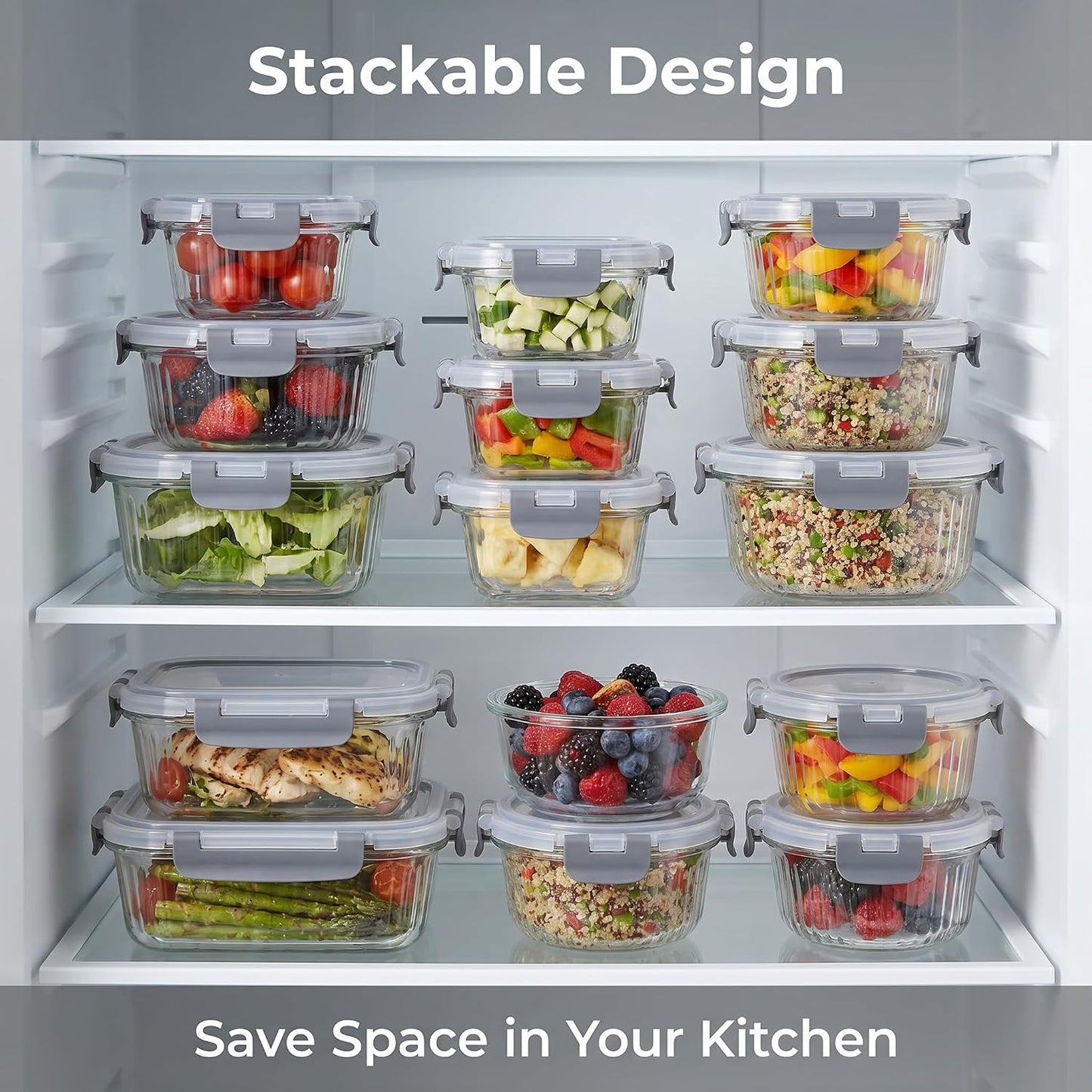 Glass Food Storage Containers with Lids, 12 Piece Glass Meal Prep Containers Set, Airtight Leakproof Snap Lock Lids, BPA-Free, Freezer Microwave Oven Dishwasher Safe, Ribbed Glass Containers