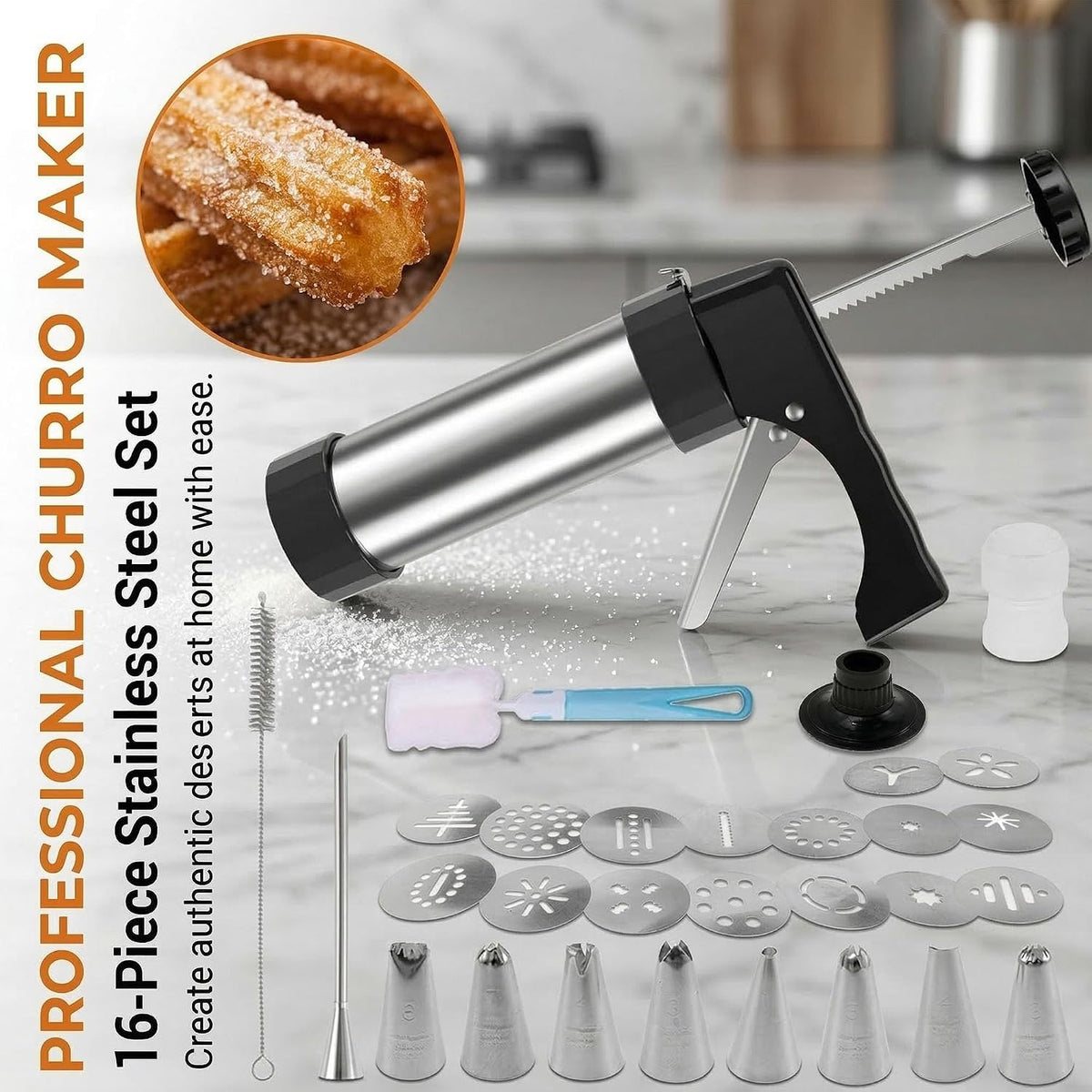 Stainless Steel Churro Maker and Cookie Press, 16 Discs, 8 Tips