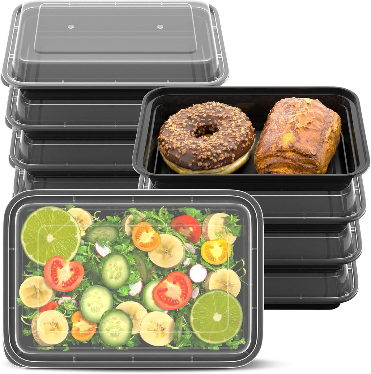 38oz Meal Prep Containers [50-Pack], Reusable Bento Box with Easy-Snap Leakproof Lids - Microwave, Dishwasher & Freezer Safe Food Storage, BPA-Free Plastic Lunch Containers (Black)