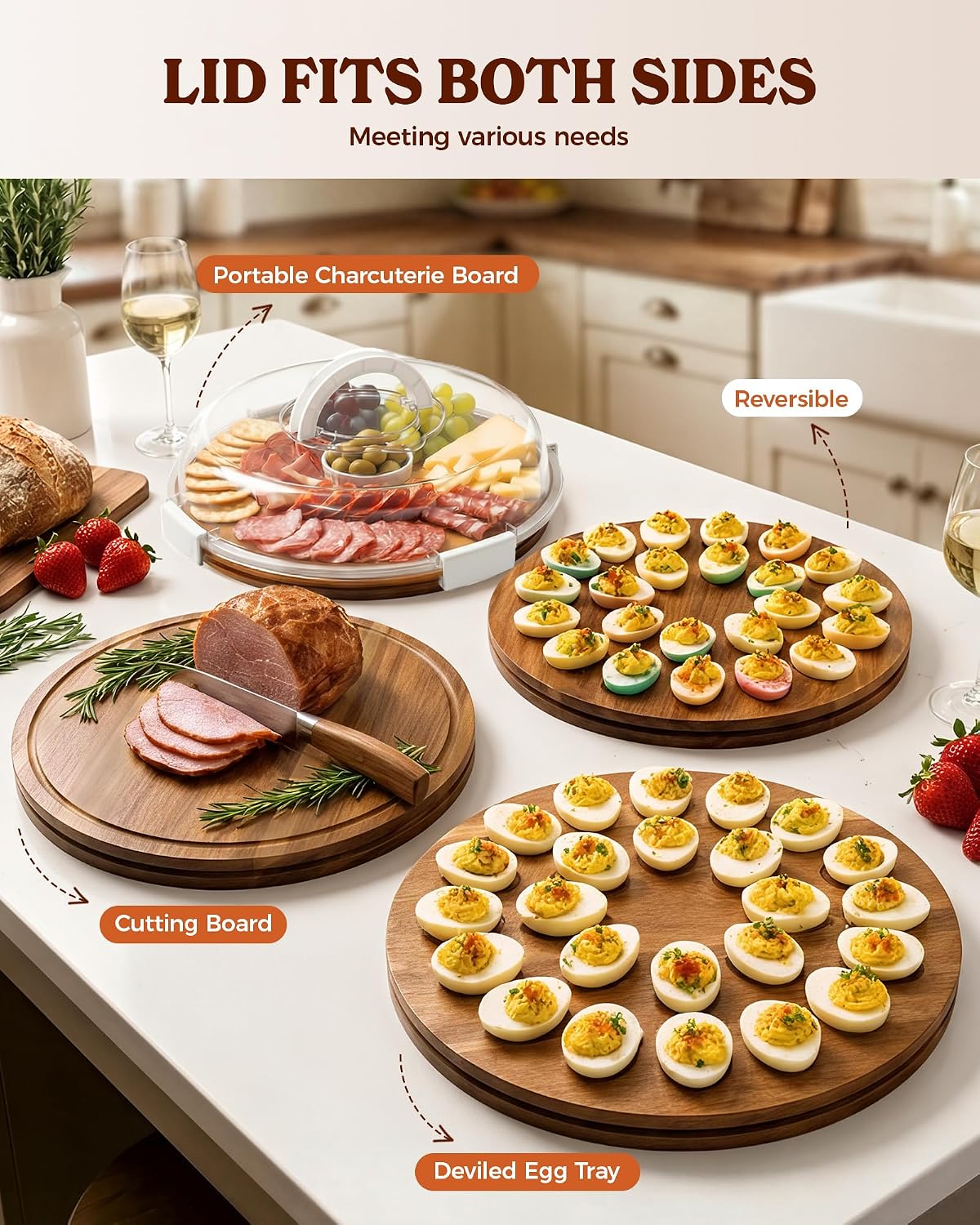 Sevenblue Acacia Wood Deviled Egg Containers with Lid and Handle, Portable Deviled Egg Platter for Easter, Potlucks & Party, Reversible Charcuterie Board Cutting Board