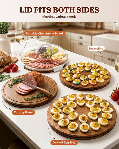 Sevenblue Acacia Wood Deviled Egg Containers with Lid and Handle, Portable Deviled Egg Platter for Easter, Potlucks & Party, Reversible Charcuterie Board Cutting Board