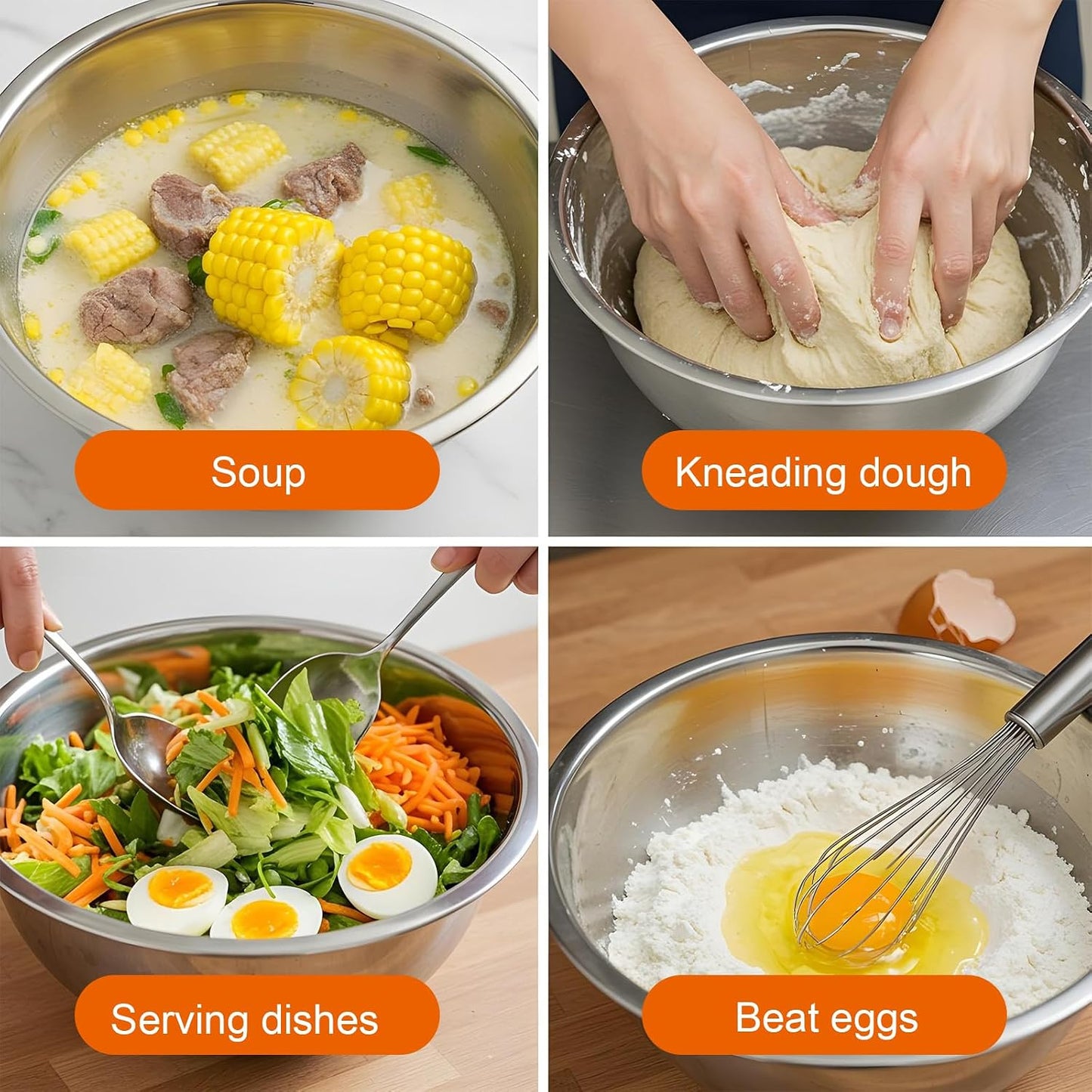 Stainless Steel Mixing Bowls Set of 5, Thicker Stainless Steel Flat Bottom Nesting Metal Mixing Bowls for Cooking, Baking, Serving, Food and Salad Prep, Dishwasher Safe