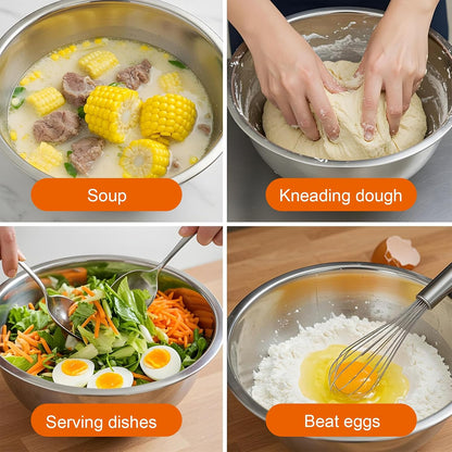 Stainless Steel Mixing Bowls Set of 5, Thicker Stainless Steel Flat Bottom Nesting Metal Mixing Bowls for Cooking, Baking, Serving, Food and Salad Prep, Dishwasher Safe
